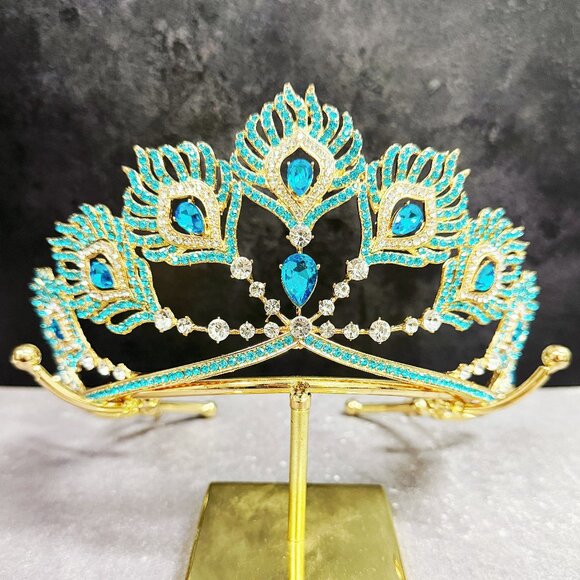Gold Crystal Crown, Peacock Crown, Blue Crystal Tiara, Homecoming Prom Headpiece - Picture 3 of 8
